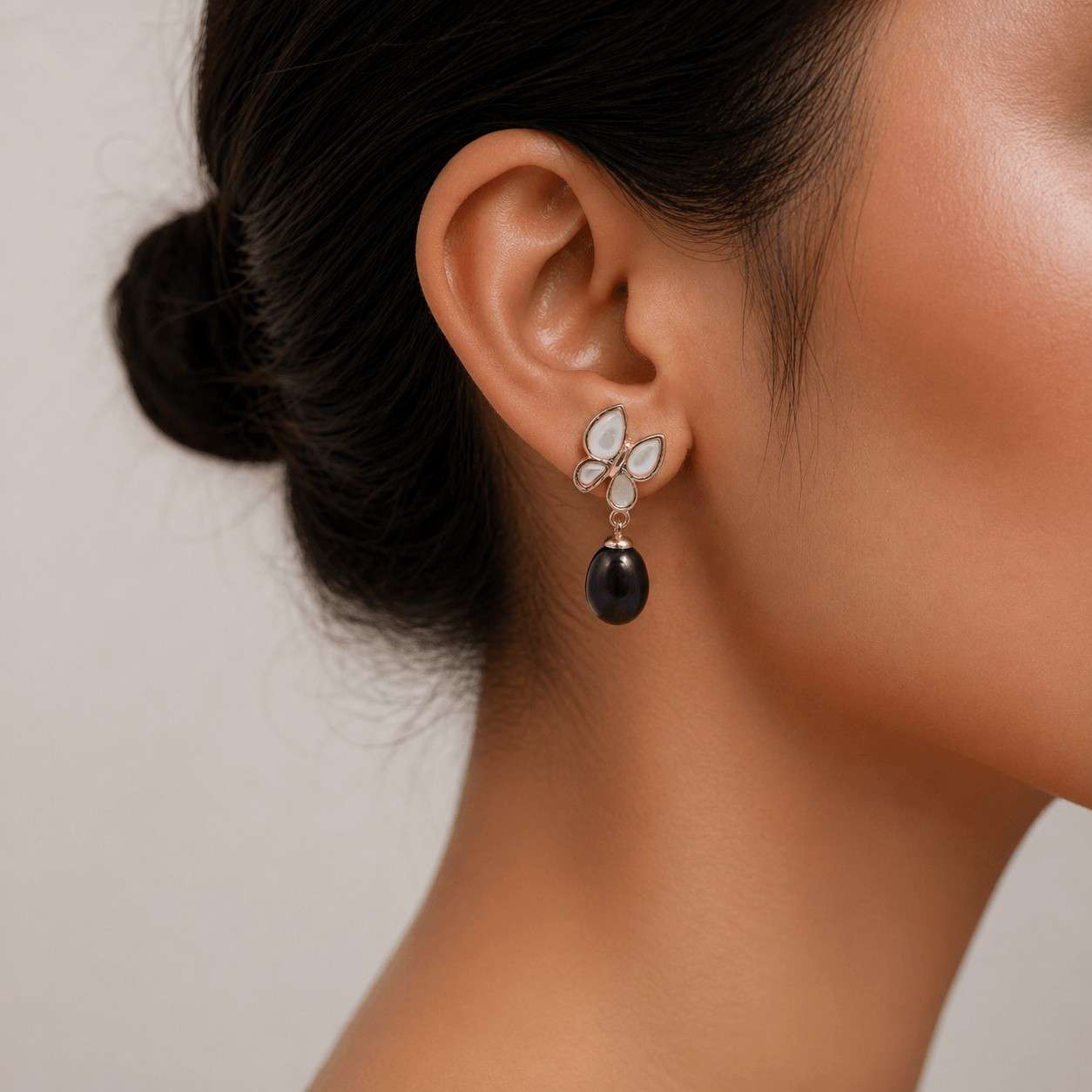 Black Fresh Pearl Butterfly Drop Earrings – Gold Finish
