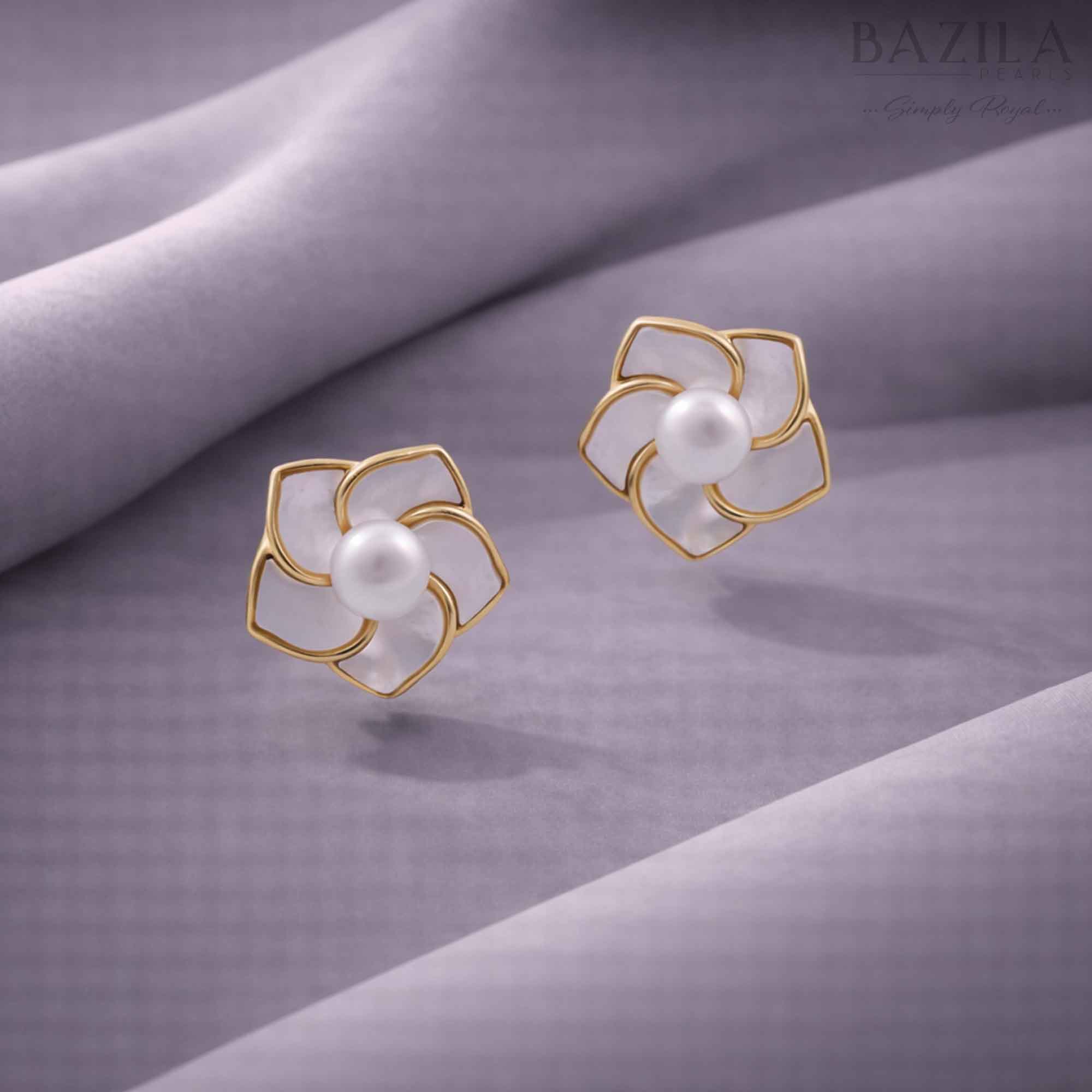 White Fresh Pearl Floral Stud Earrings – Gold Finish