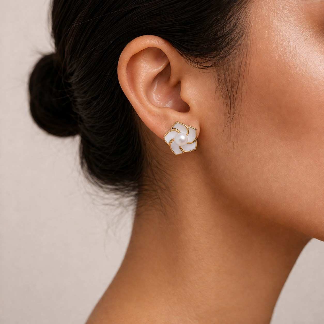 White Fresh Pearl Floral Stud Earrings – Gold Finish