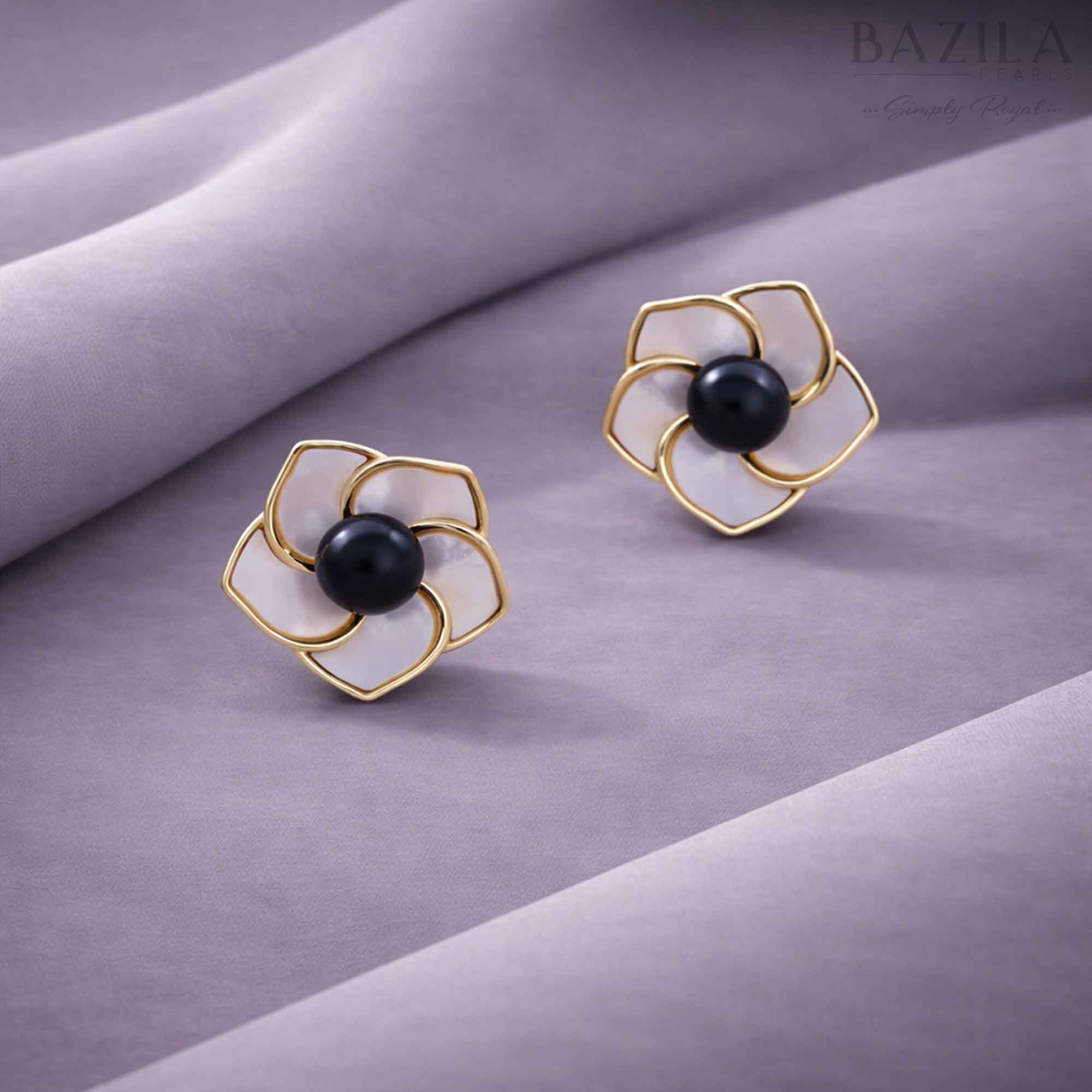 Black Fresh Pearl Floral Stud Earrings – Gold Finish
