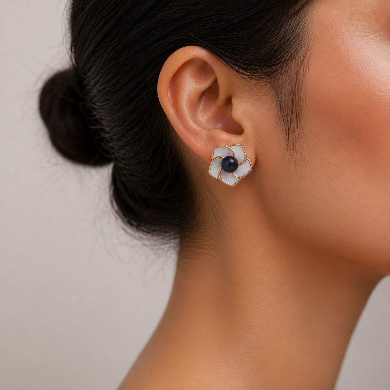 Black Fresh Pearl Floral Stud Earrings – Gold Finish
