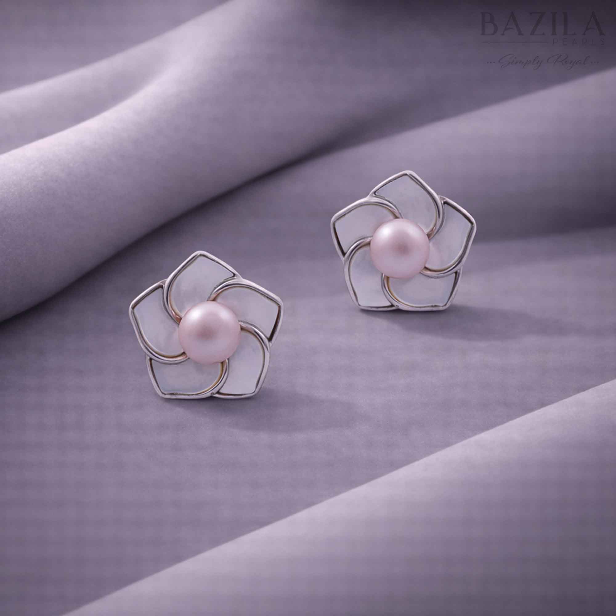 Pink Fresh Pearl Floral Stud Earrings – Silver Finish