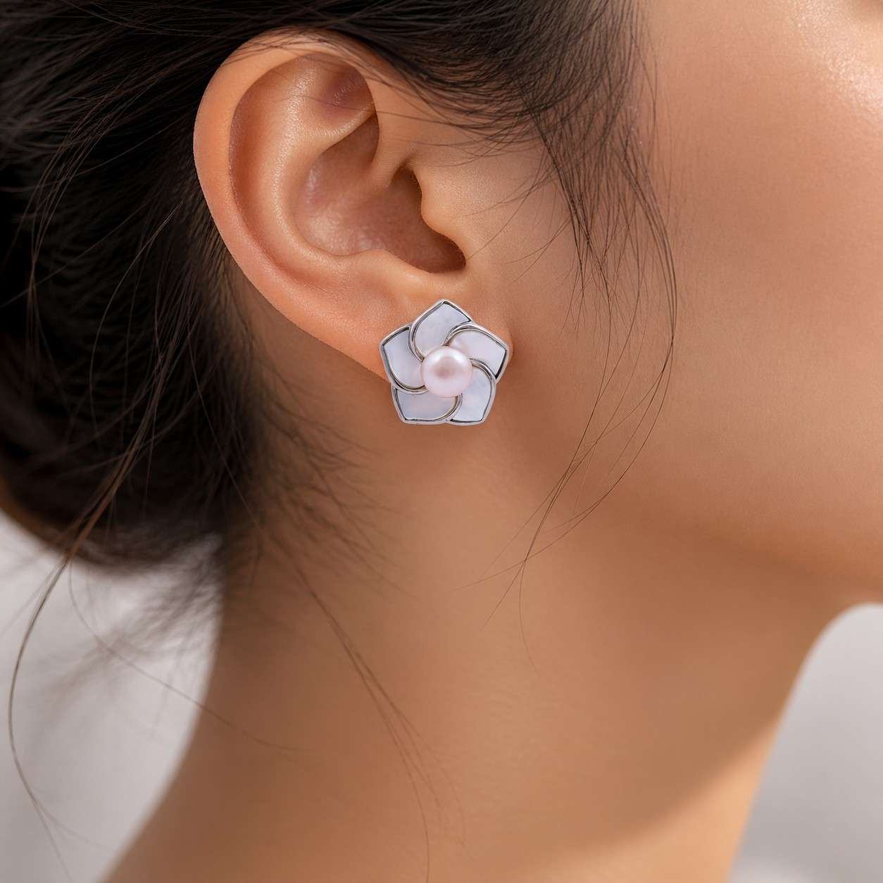 Pink Fresh Pearl Floral Stud Earrings – Silver Finish