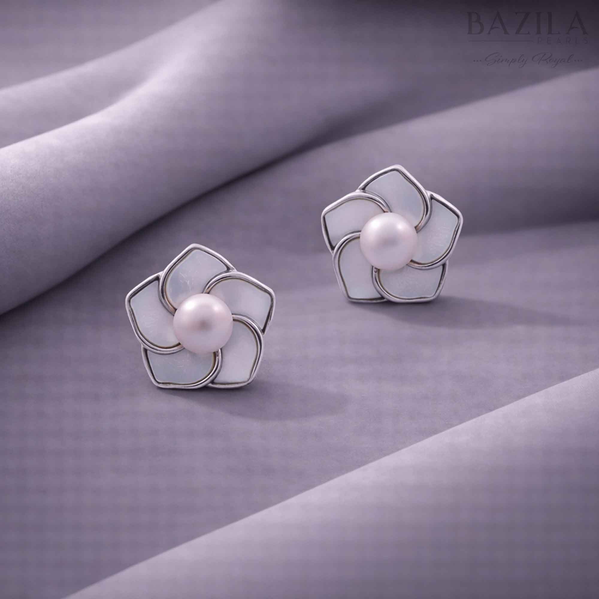 White Fresh Pearl Floral Stud Earrings – Silver Finish