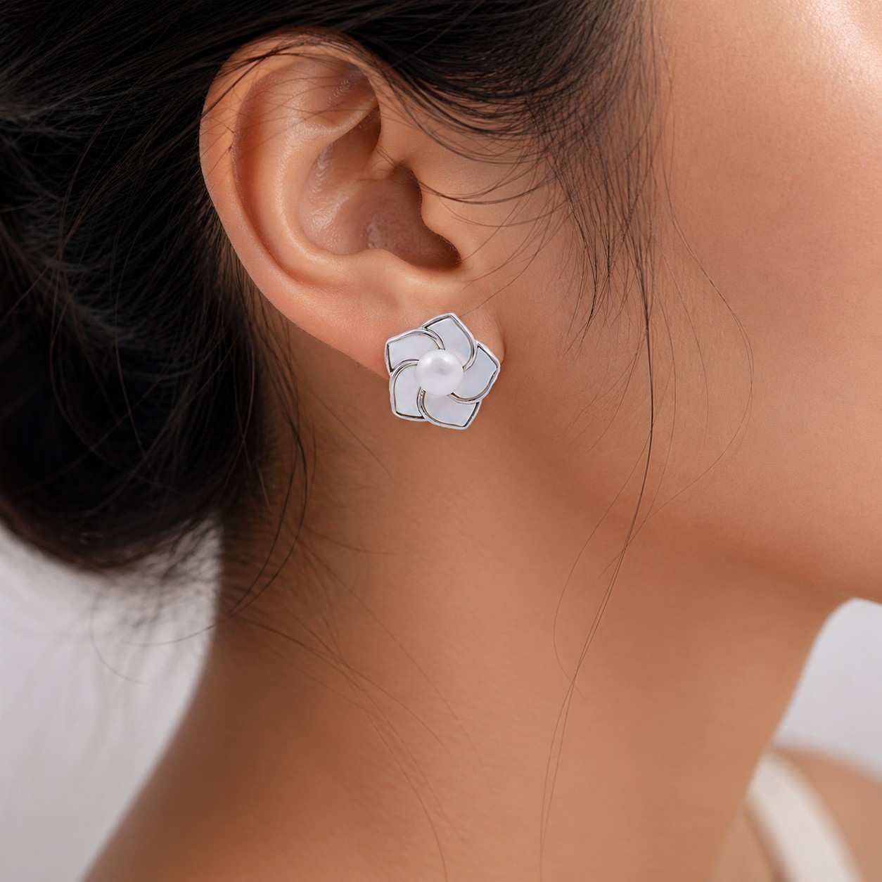 White Fresh Pearl Floral Stud Earrings – Silver Finish