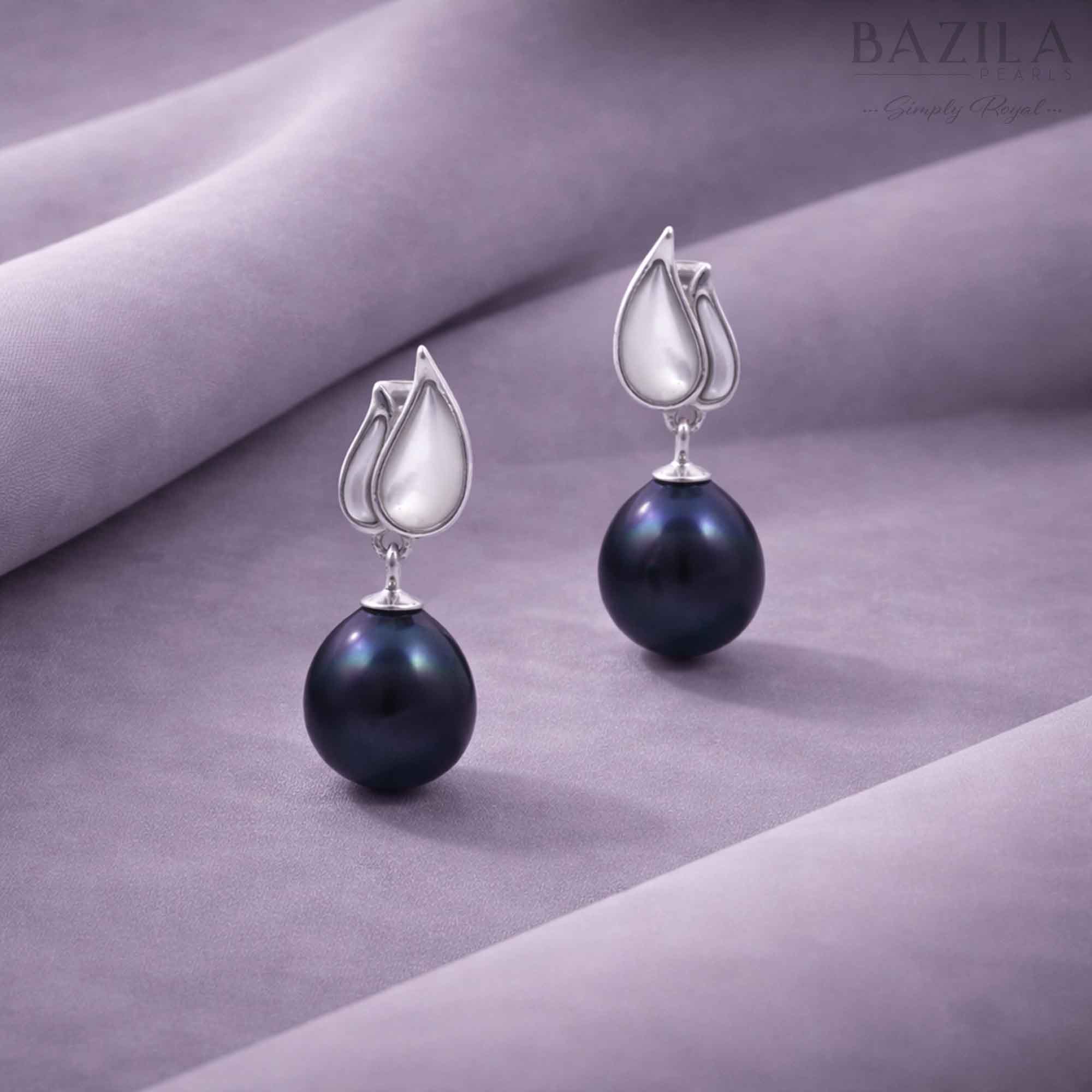 Peacock Blue Fresh Pearl Leaf Drop Earrings – Silver Finish