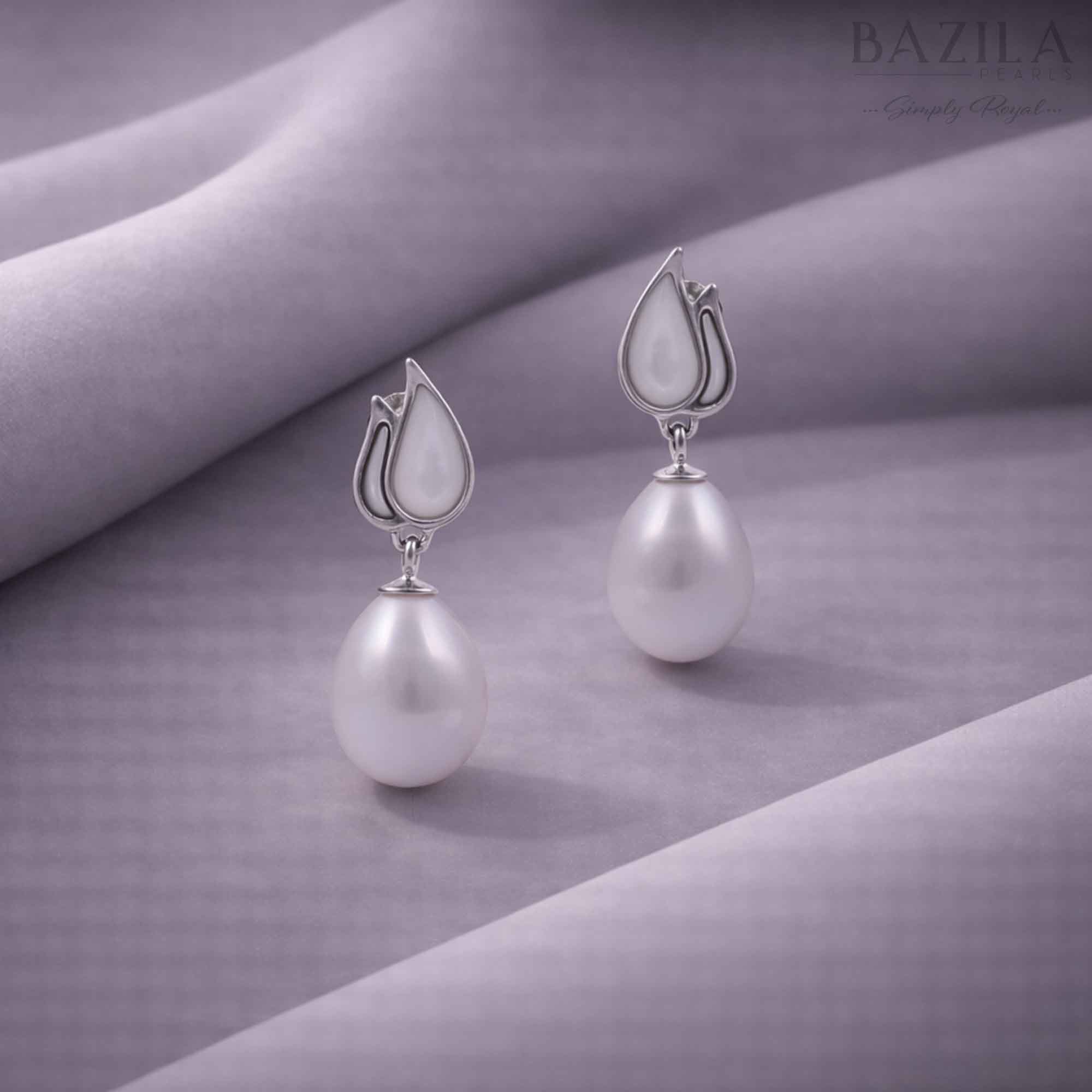 White Fresh Pearl Leaf Drop Earrings – Silver Finish