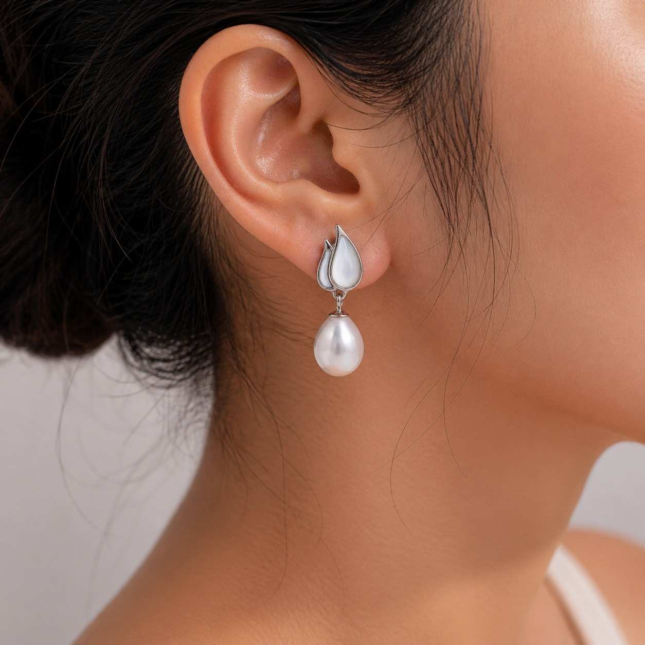 White Fresh Pearl Leaf Drop Earrings – Silver Finish