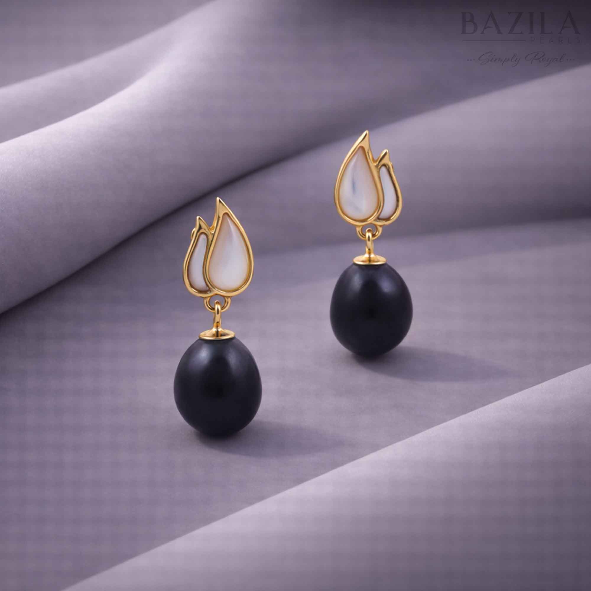 Black Fresh Pearl Leaf Drop Earrings – Gold Finish