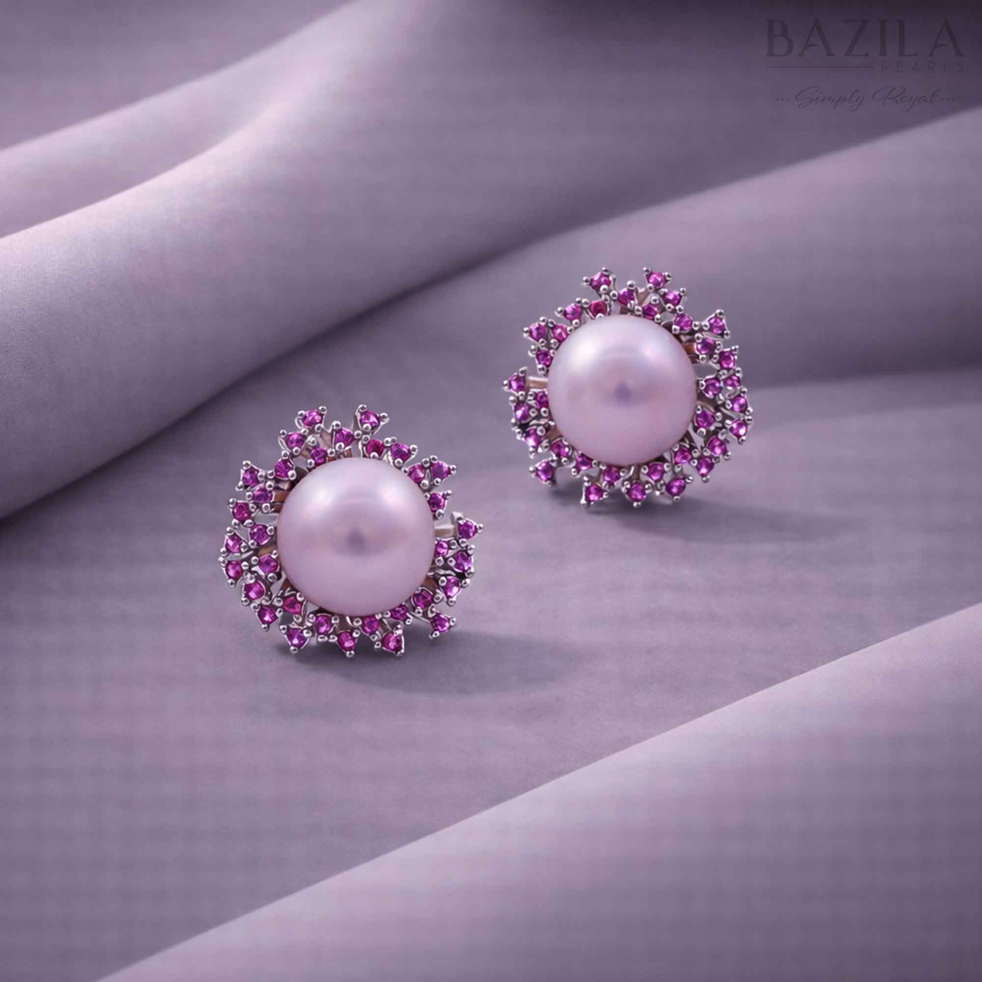 Pink Fresh Pearl Stud Earrings with Pink Stone Halo – Silver Finish