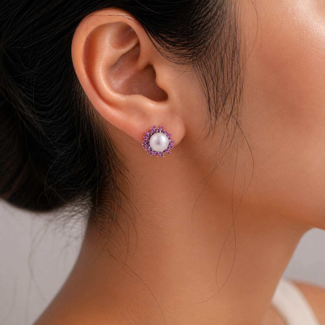 Pink Fresh Pearl Stud Earrings with Pink Stone Halo – Silver Finish