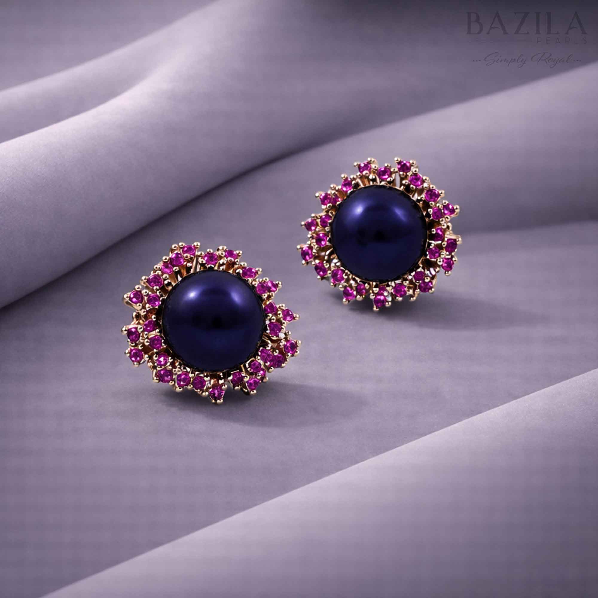 Peacock Blue Fresh Pearl Stud Earrings with Pink Stone Halo – Gold Finish