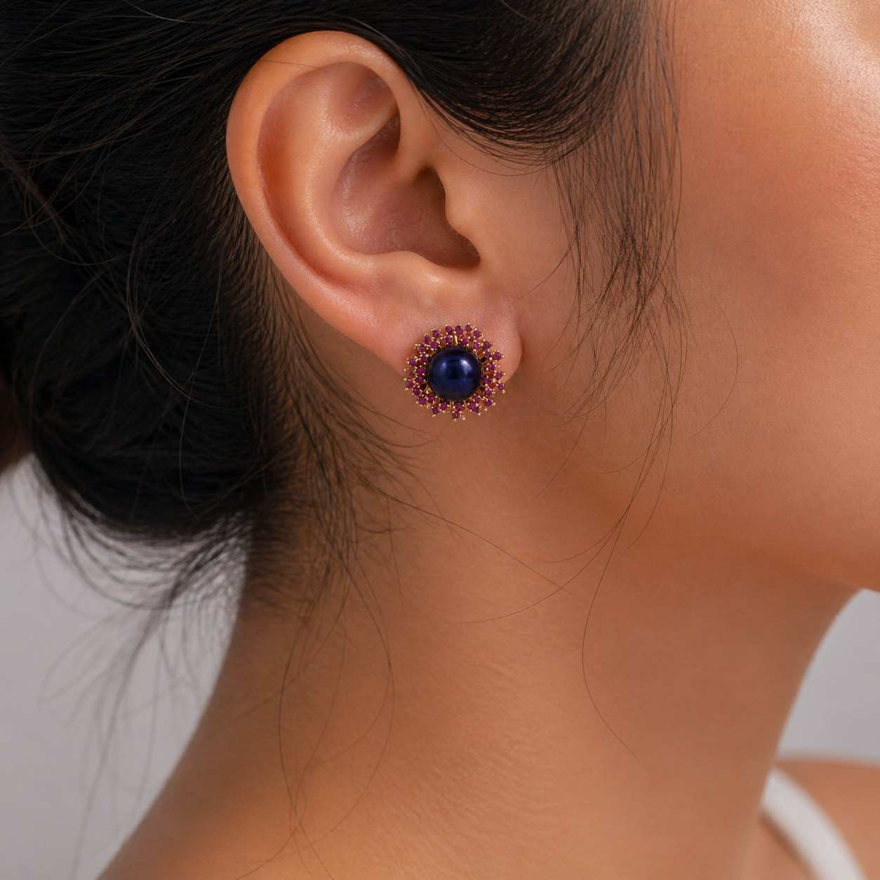 Peacock Blue Fresh Pearl Stud Earrings with Pink Stone Halo – Gold Finish