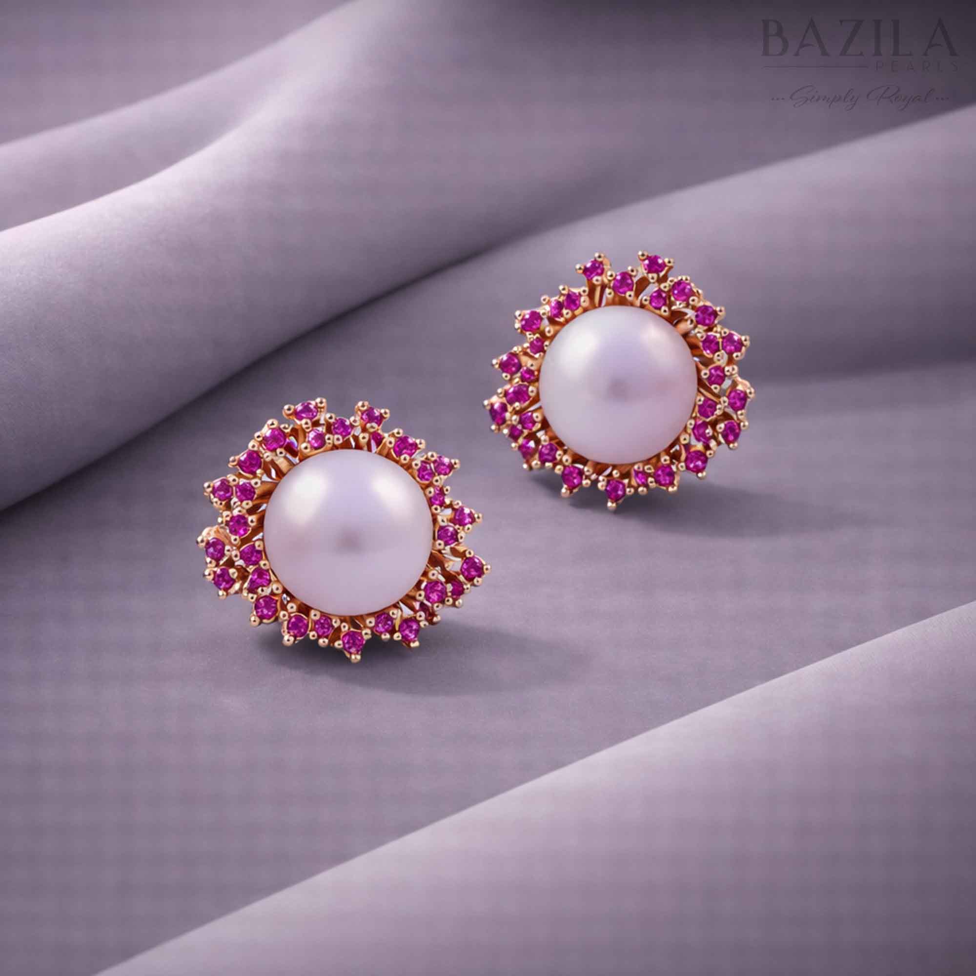White Fresh Pearl Stud Earrings with Pink Stone Halo – Gold Finish