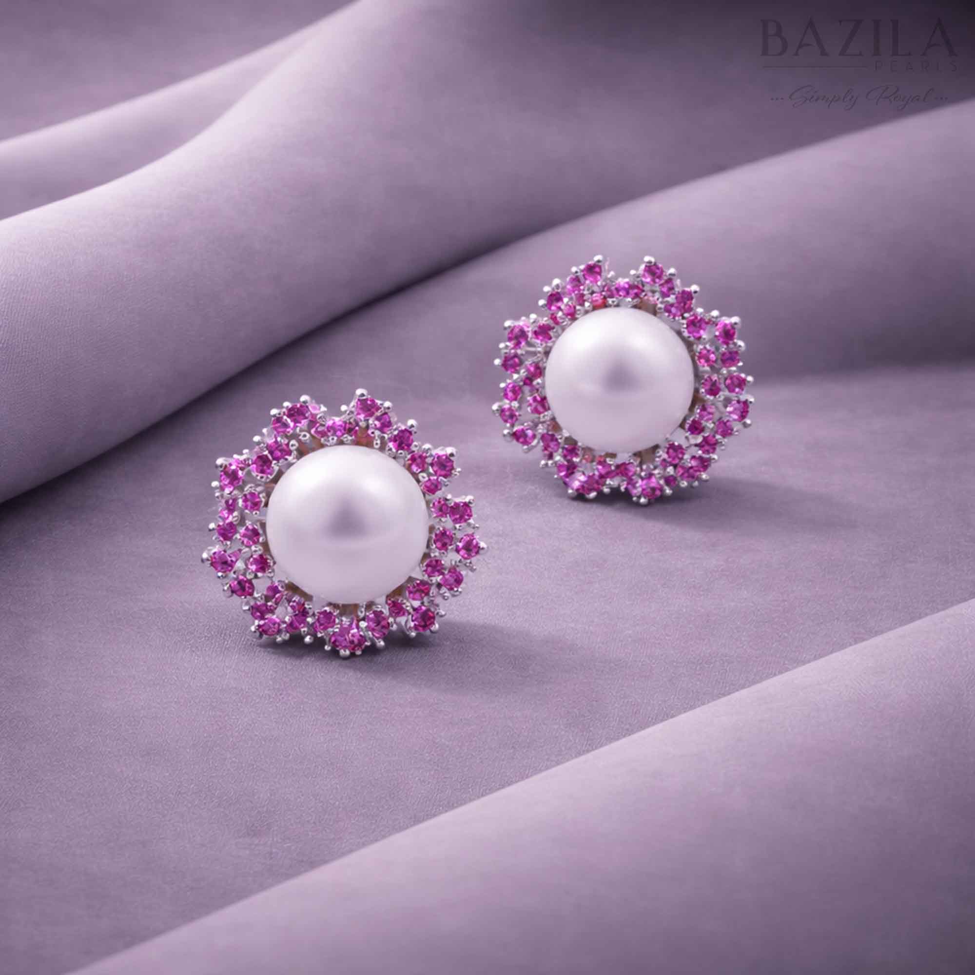 White Fresh Pearl Stud Earrings with Pink Stone Halo – Silver Finish