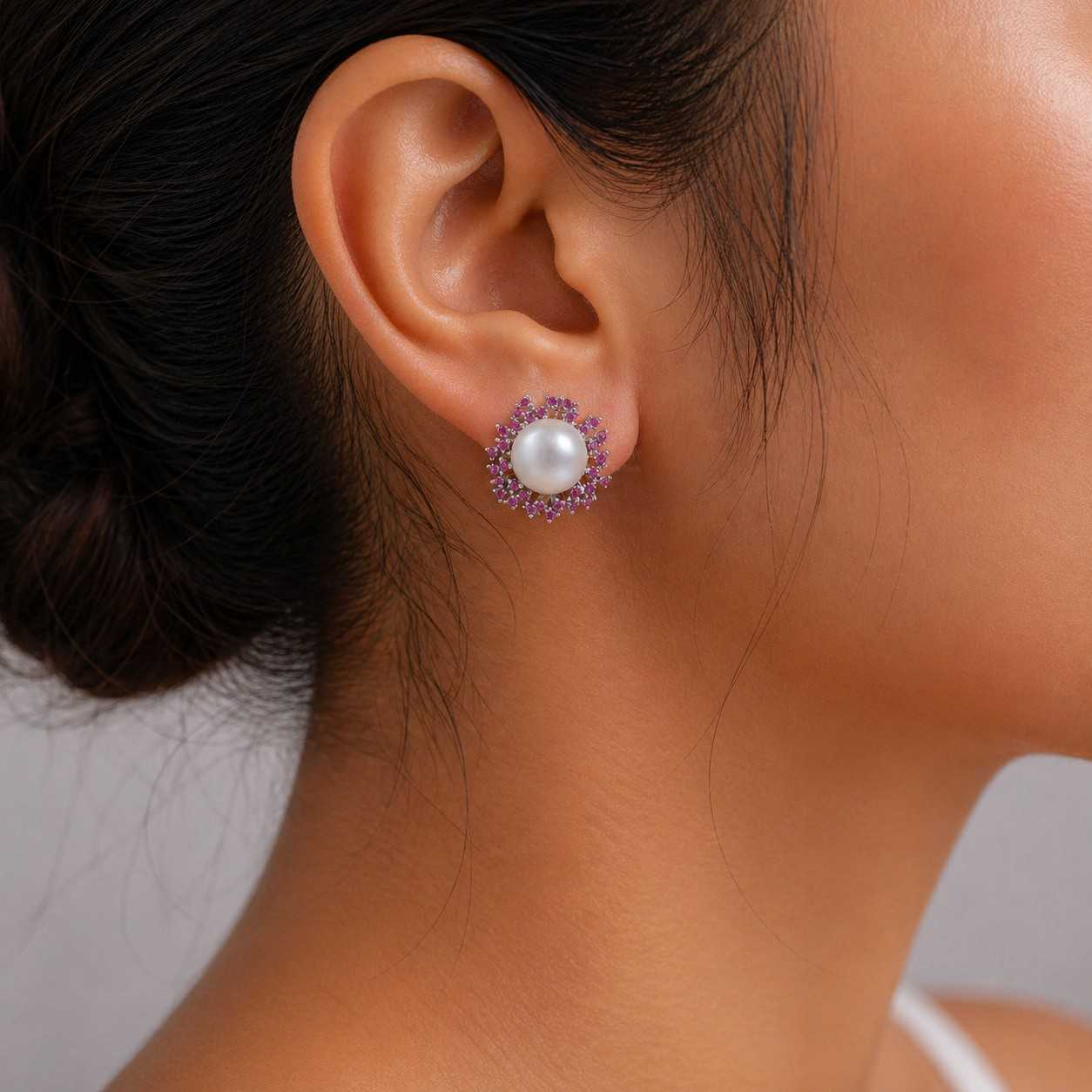 White Fresh Pearl Stud Earrings with Pink Stone Halo – Silver Finish