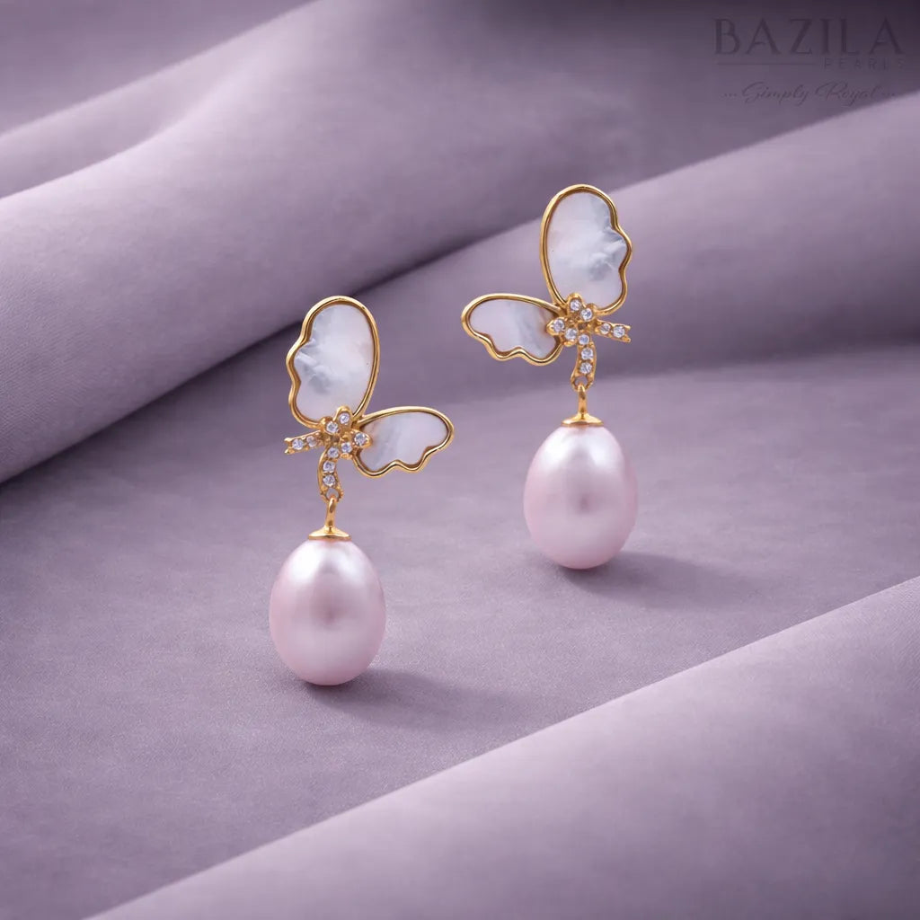 Black Fresh Pearl Butterfly Drop Earrings