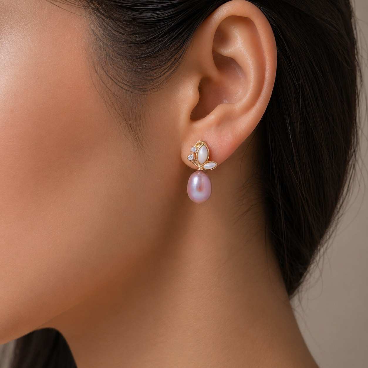 Pink Pearl Drop Earrings with Floral Leaf Stud in Gold Finish