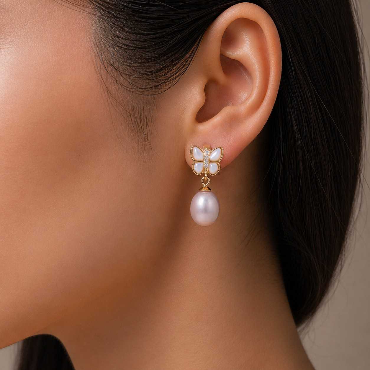 White Pearl Butterfly Drop Earrings with Crystal Stud in Gold Finish