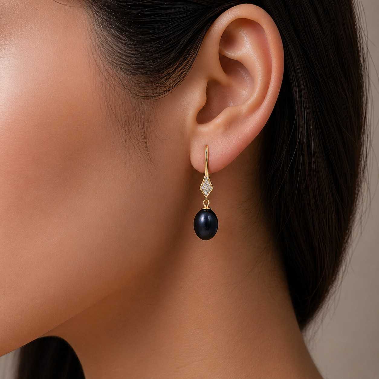 Black Pearl Drop Earrings with Crystal Diamond Stud in Gold Finish