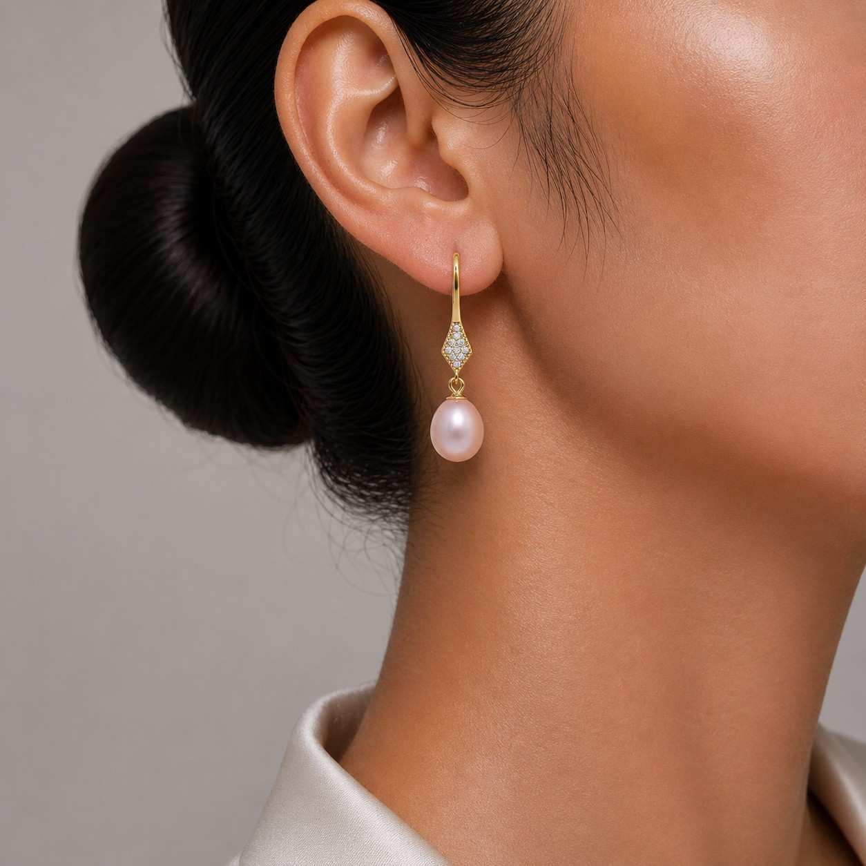 Pink Pearl Drop Earrings with Crystal Diamond Accent in Gold Finish