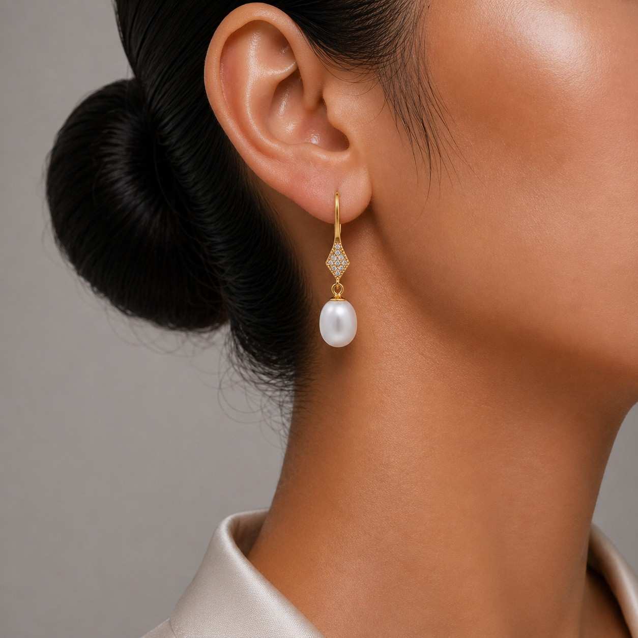 White Pearl Drop Earrings with Crystal Diamond Accent in Gold Finish