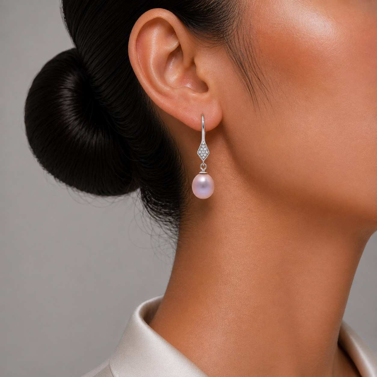 Pink Pearl Drop Earrings with Crystal Diamond Accent in Silver Finish
