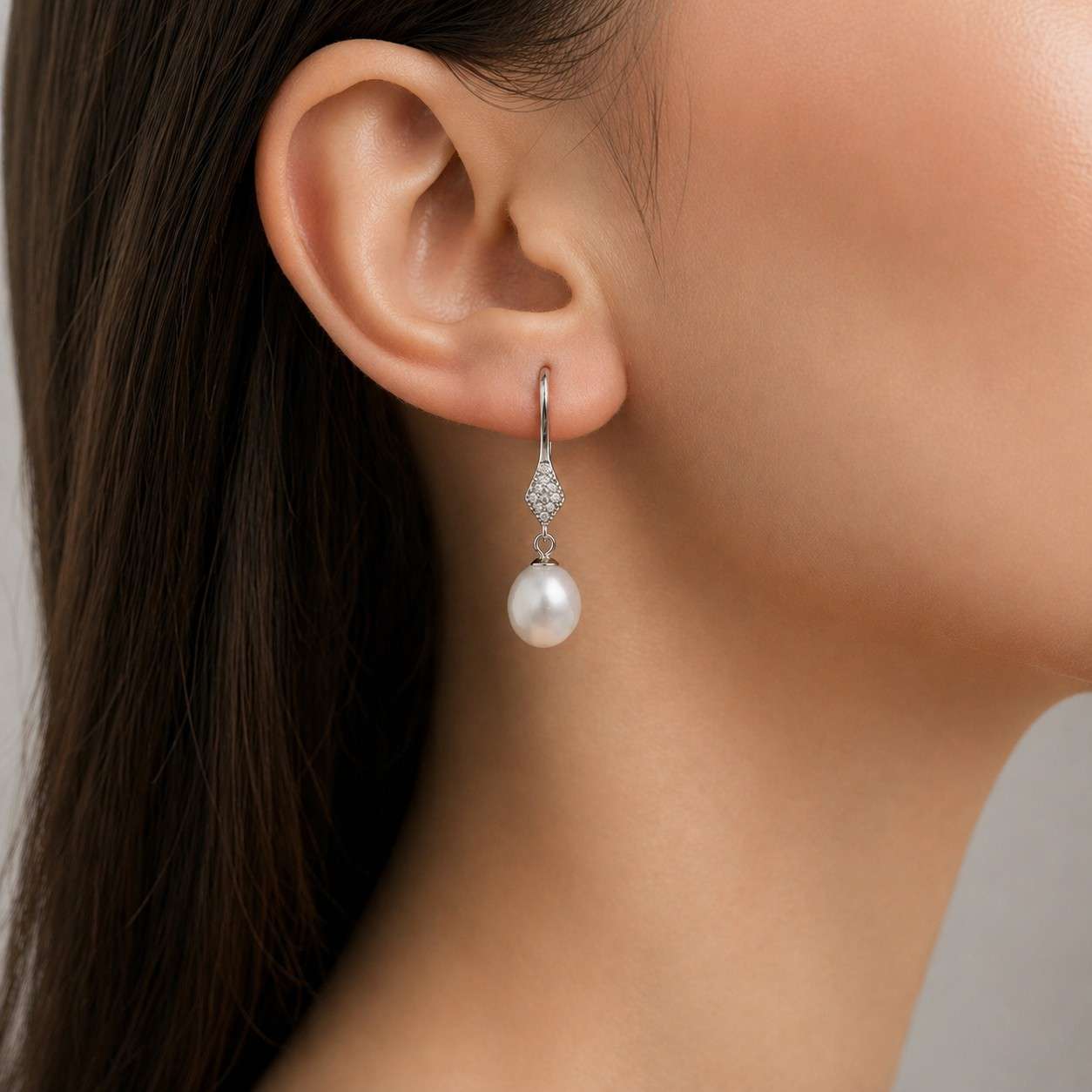 White Pearl Drop Earrings with Crystal Diamond Accent in Silver Finish