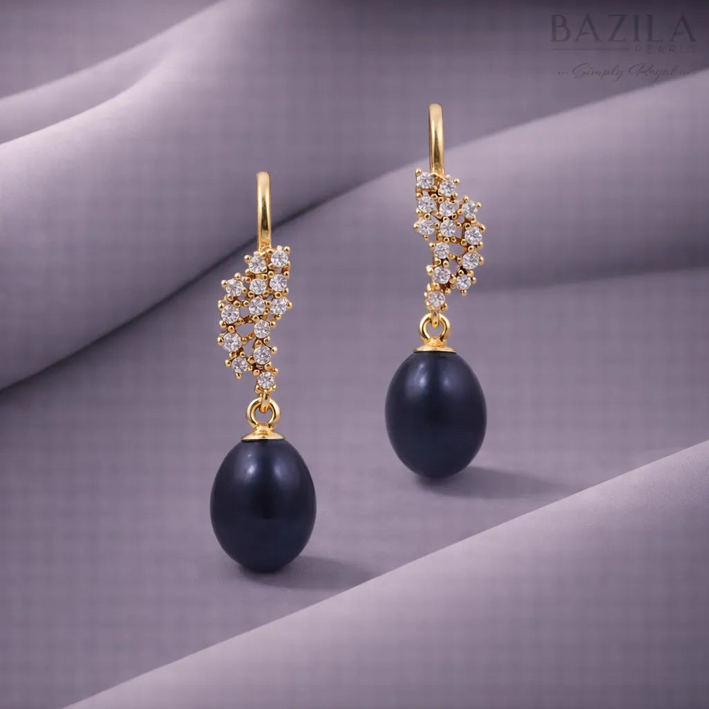 Black Pearl Drop Earrings with Crystal Cluster Accent in Gold Finish