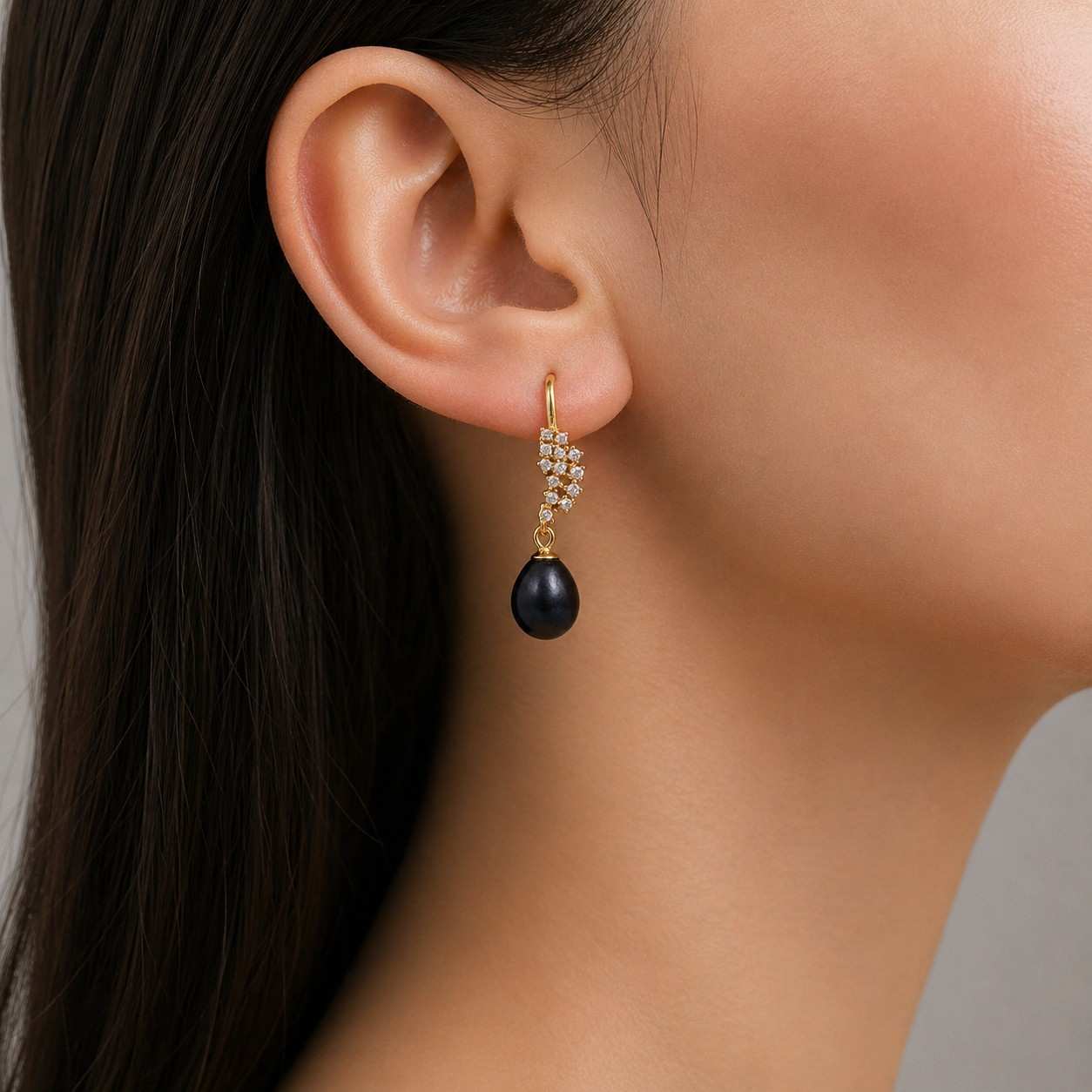 Black Pearl Drop Earrings with Crystal Cluster Accent in Gold Finish