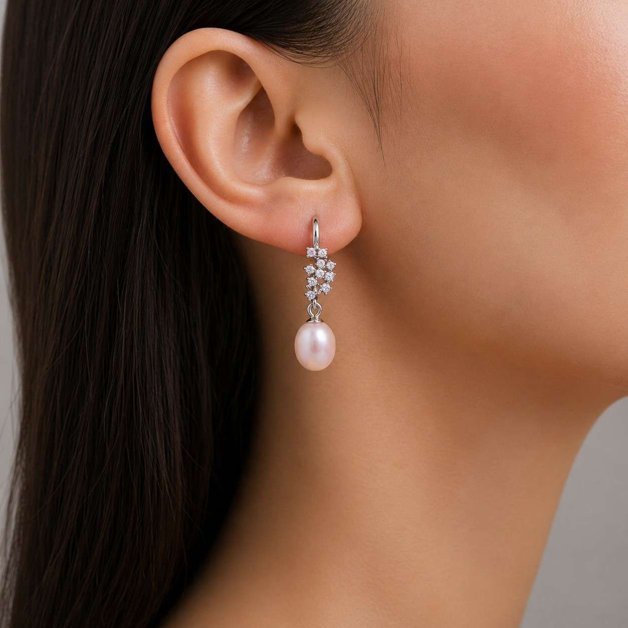 Pink Pearl Drop Earrings with Crystal Cluster Accent in Silver Finish