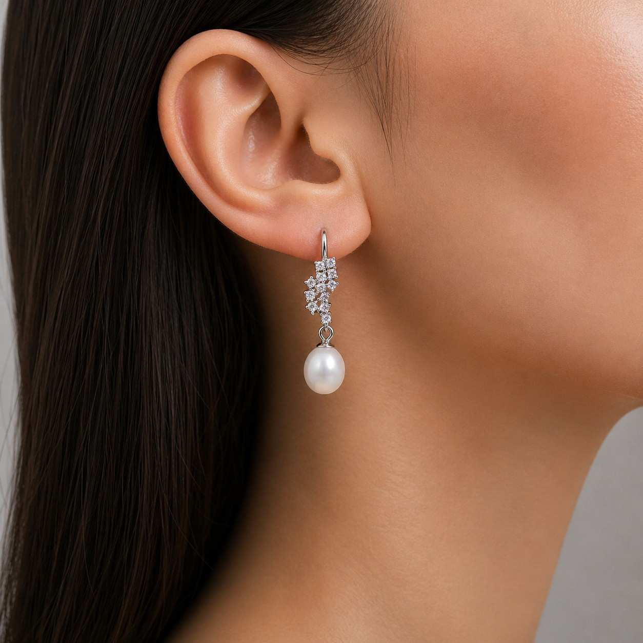 White Pearl Drop Earrings with Crystal Cluster Accent in Silver Finish