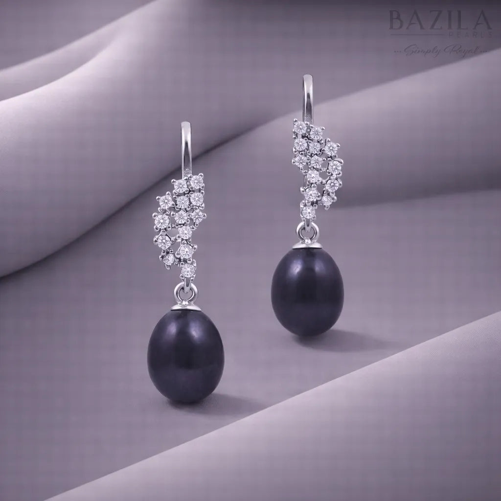 Black Pearl Drop Earrings with Crystal Cluster Accent in Silver Finish