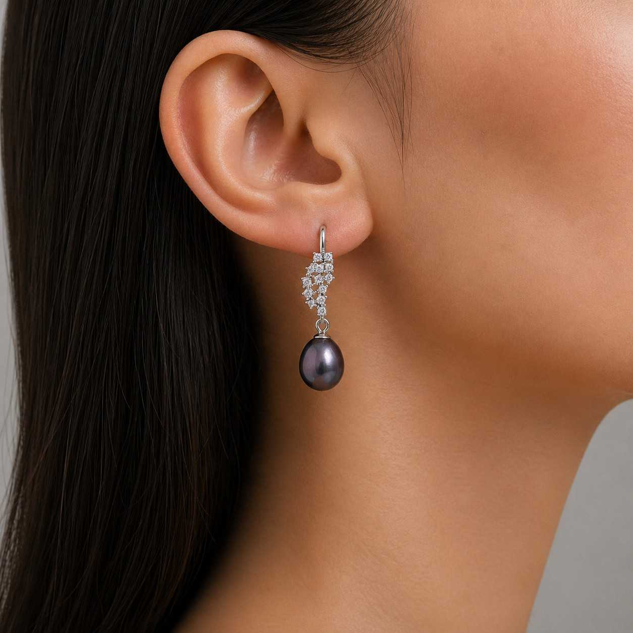 Black Pearl Drop Earrings with Crystal Cluster Accent in Silver Finish