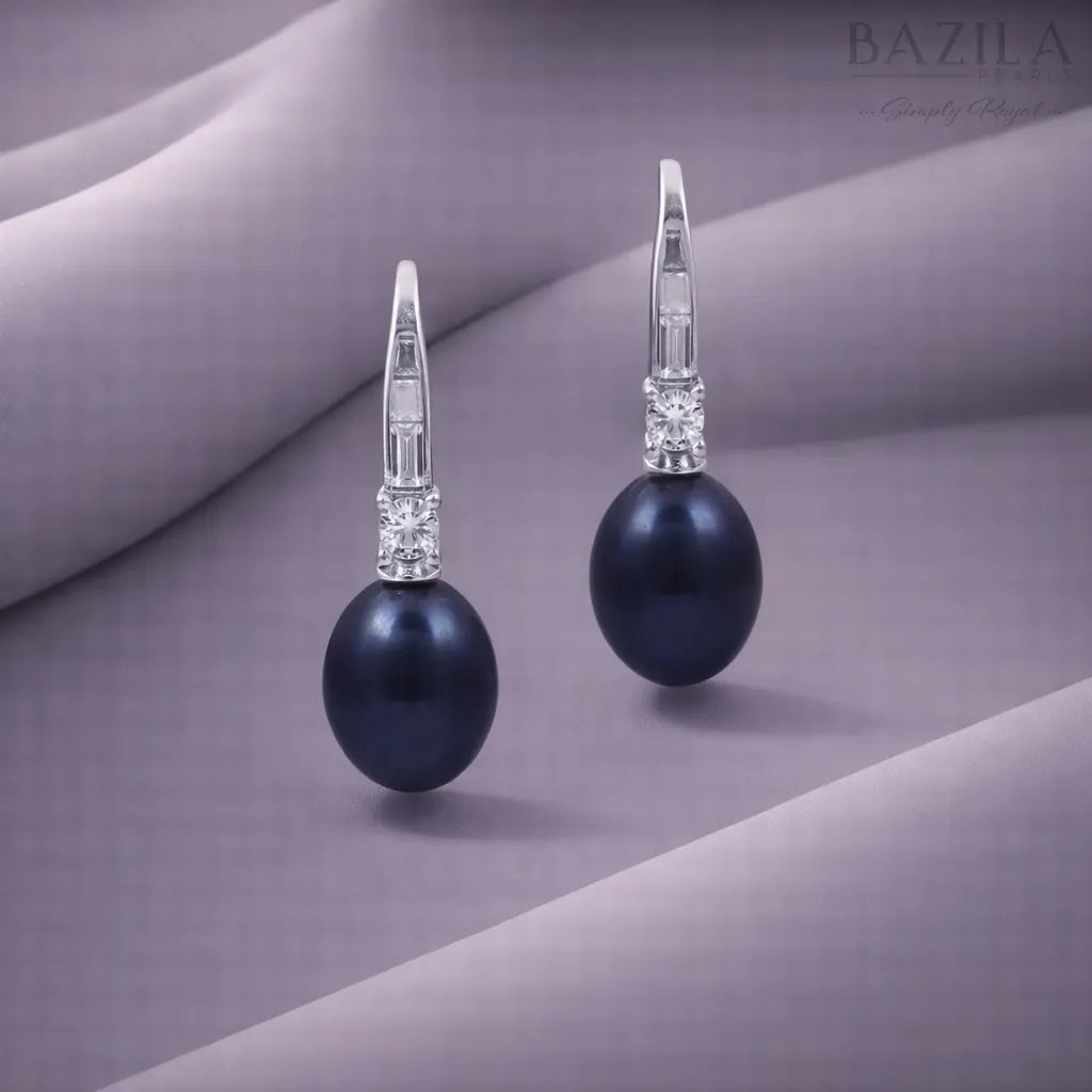 Black Pearl Drop Earrings with Crystal Accent in Silver Finish