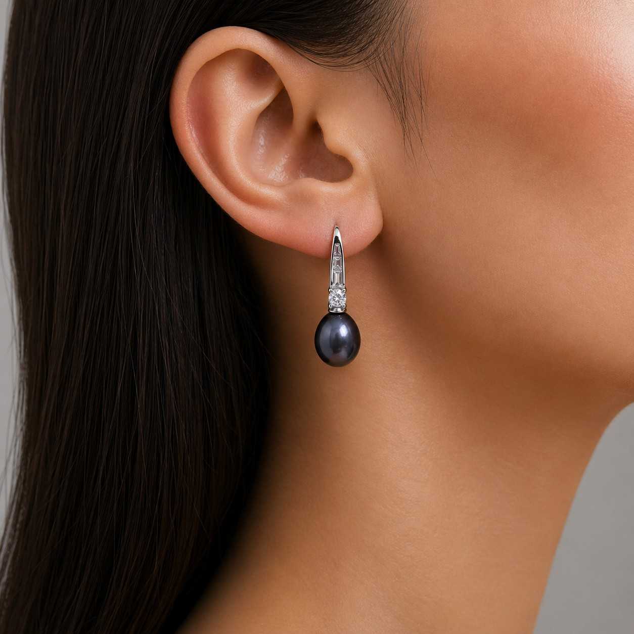 Black Pearl Drop Earrings with Crystal Accent in Silver Finish