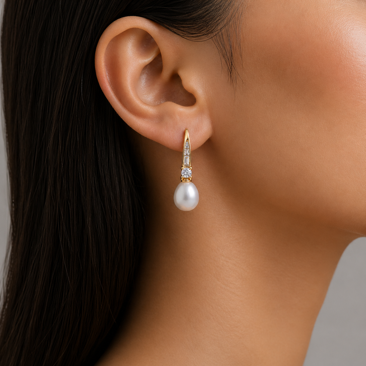 White Pearl Drop Earrings with Crystal Accent in Gold Finish
