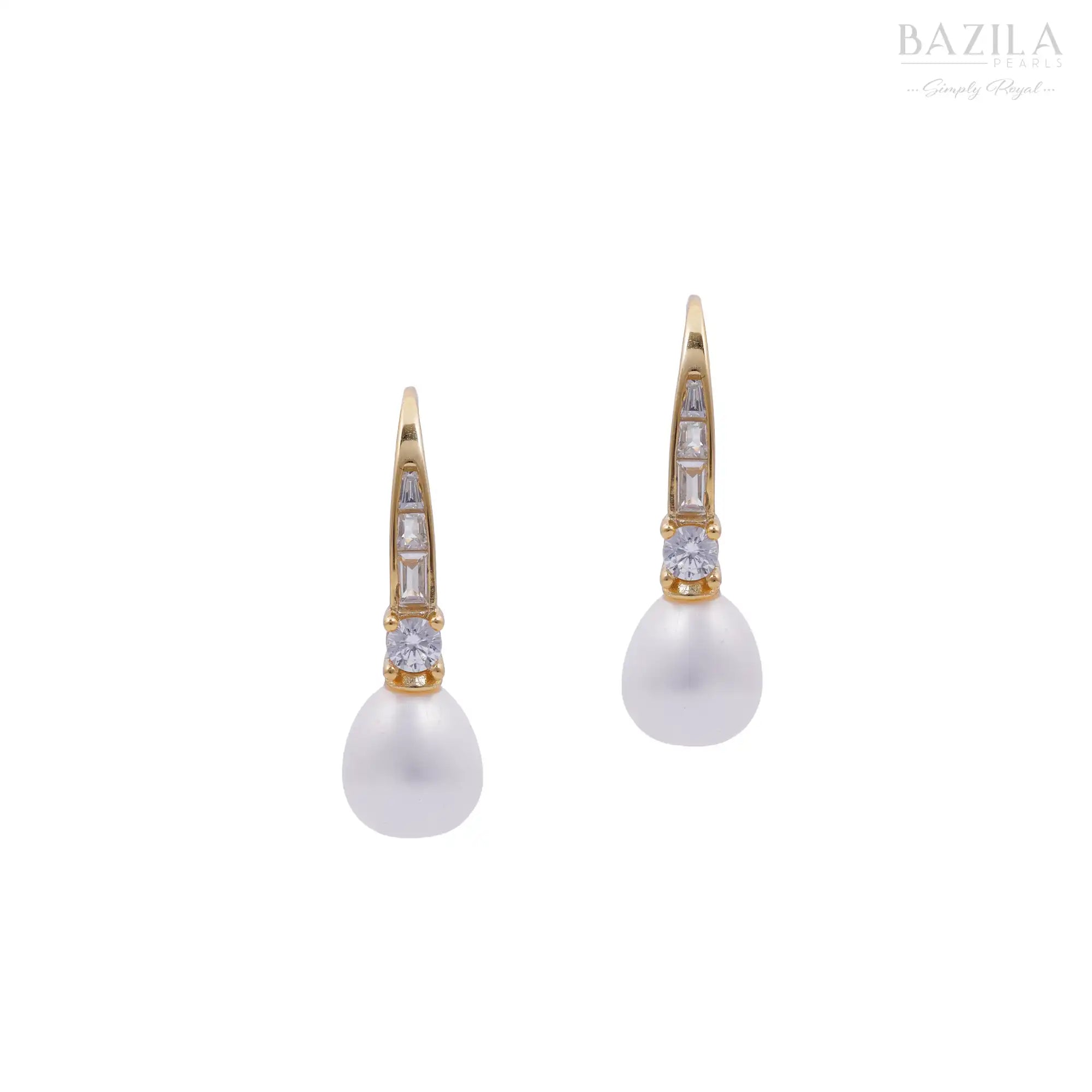 White Pearl Drop Earrings with Crystal Accent in Gold Finish