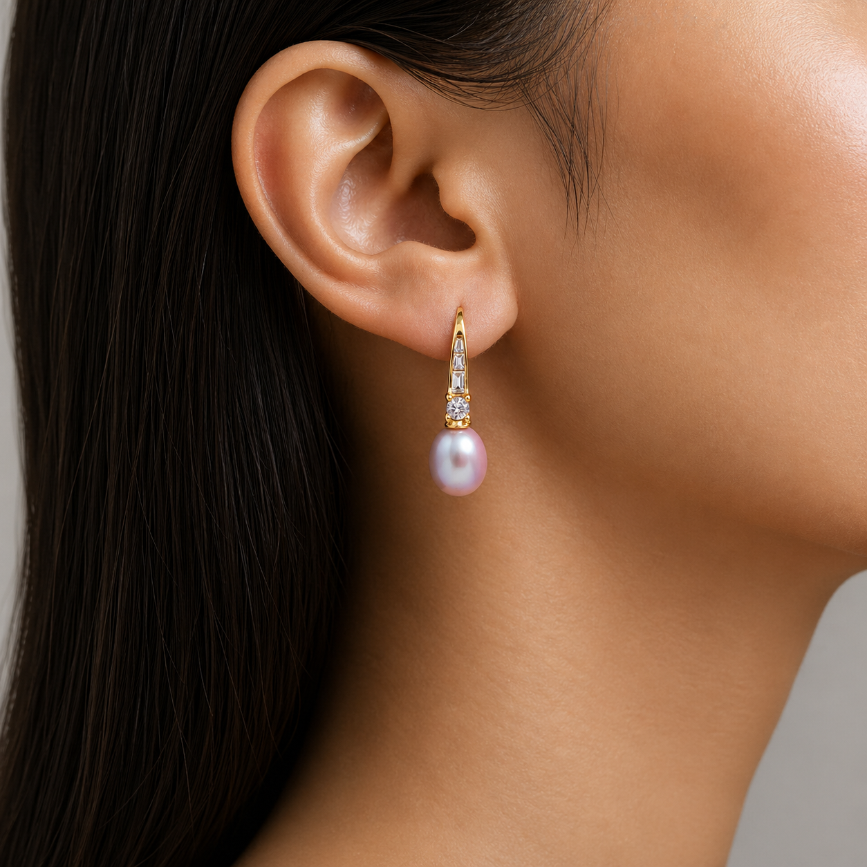 Pink Pearl Drop Earrings with Crystal Accent in Gold Finish.