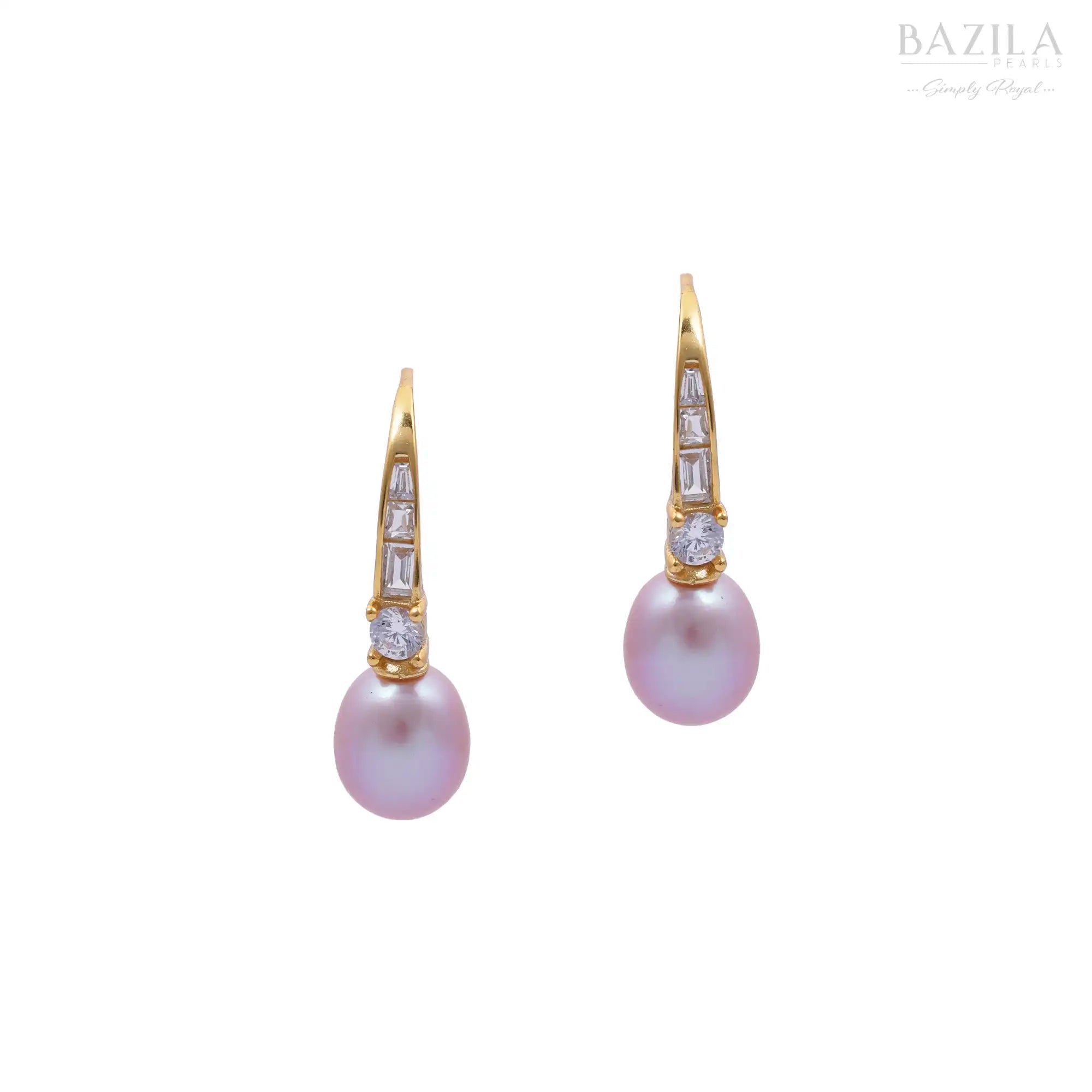 Pink Pearl Drop Earrings with Crystal Accent in Gold Finish.