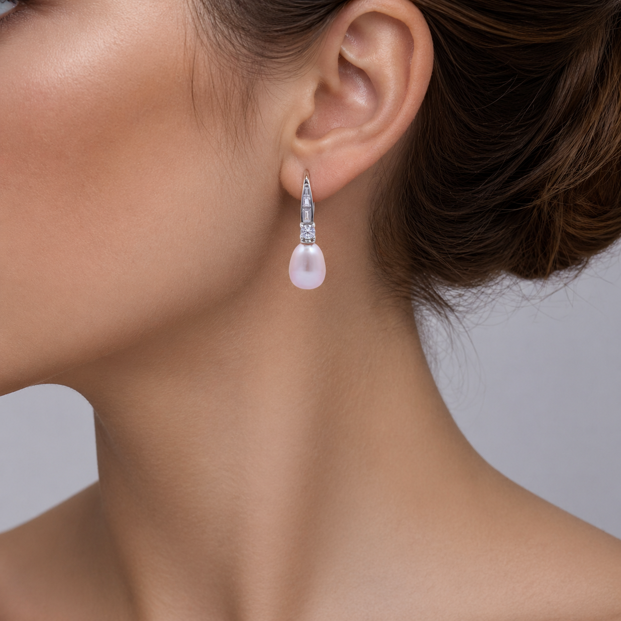 Pink Pearl Drop Earrings with Crystal Accent in Silver Finish