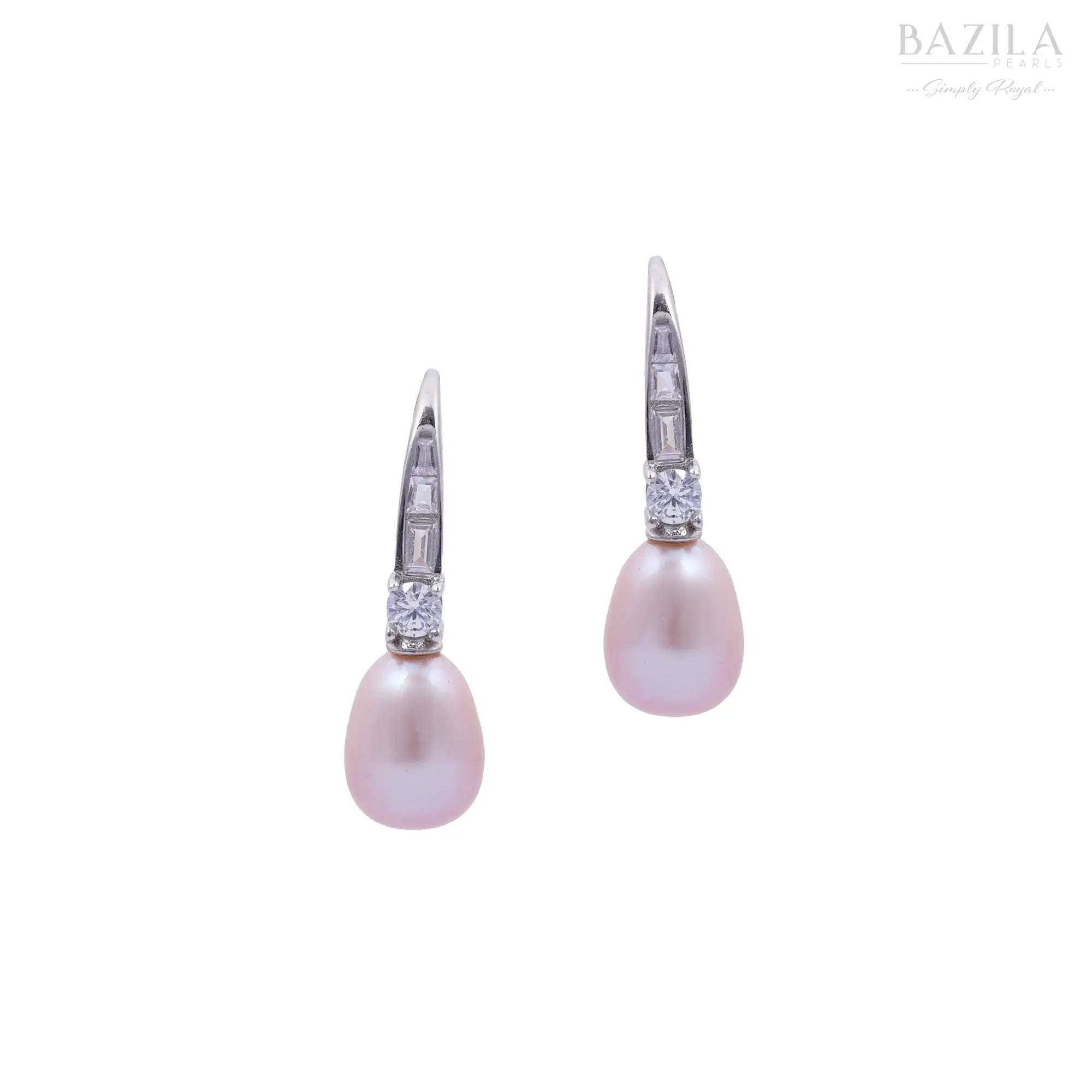 Pink Pearl Drop Earrings with Crystal Accent in Silver Finish