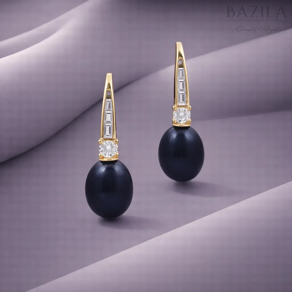 Black Pearl Drop Earrings with Crystal Accent in Gold Finish