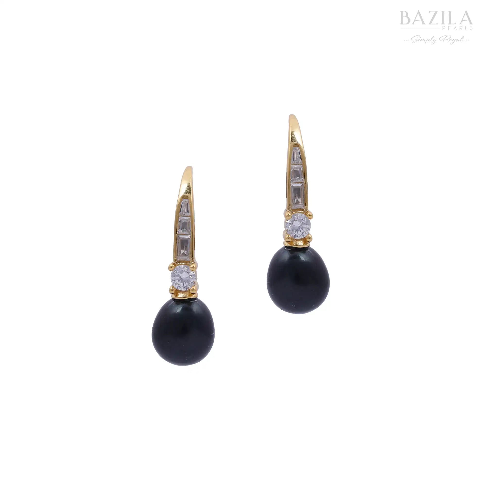 Black Pearl Drop Earrings with Crystal Accent in Gold Finish