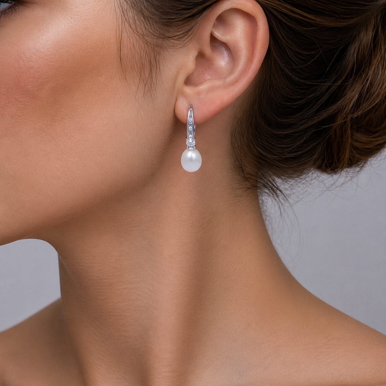White Pearl Drop Earrings with Crystal Accent in Silver Finish