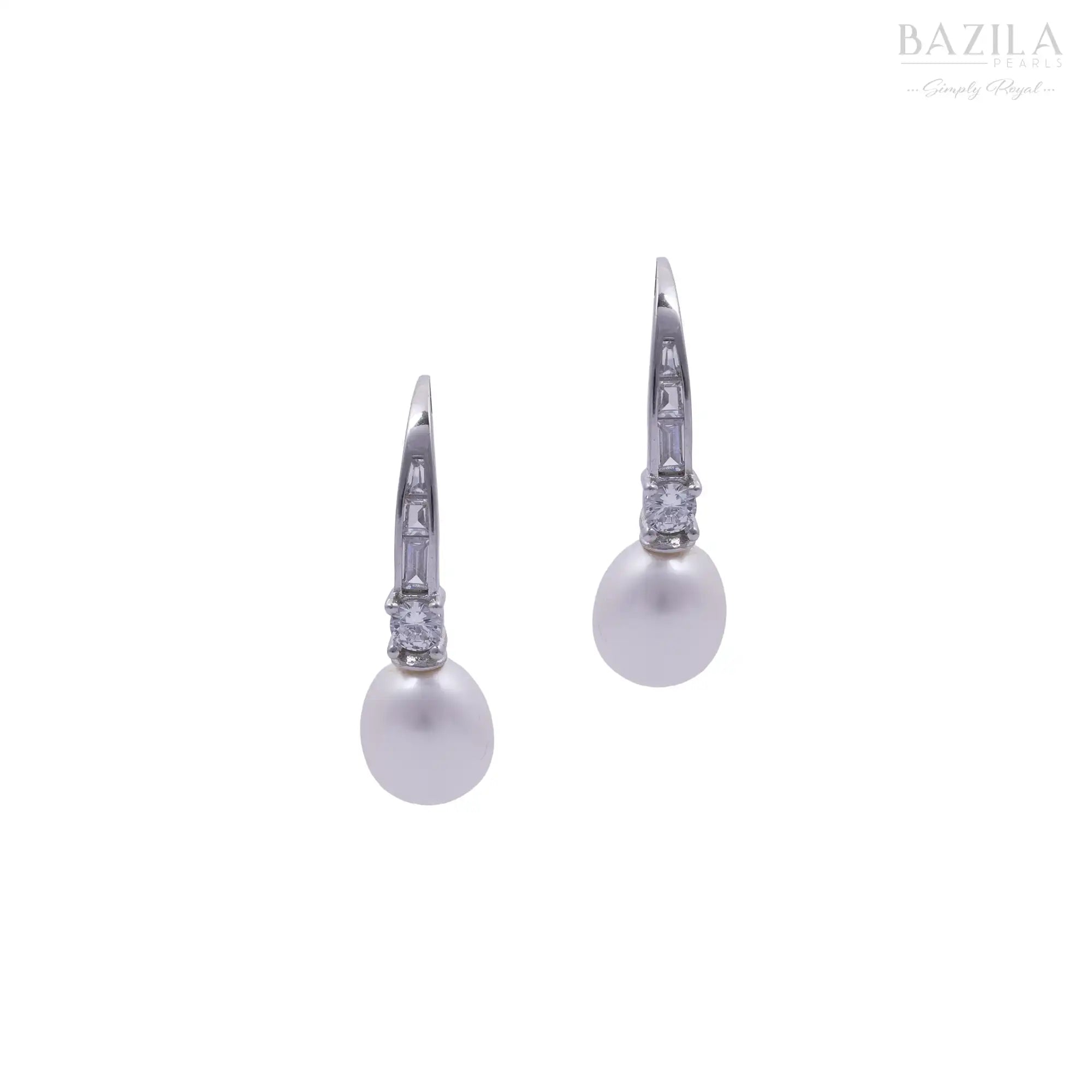 White Pearl Drop Earrings with Crystal Accent in Silver Finish
