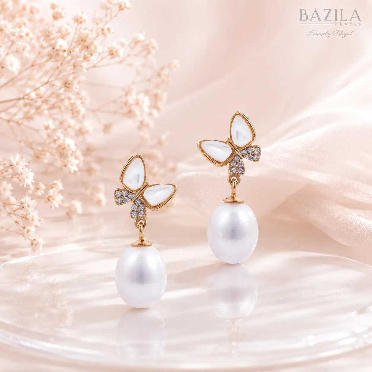 Freshwater Pearl Butterfly Gold Drop Earrings