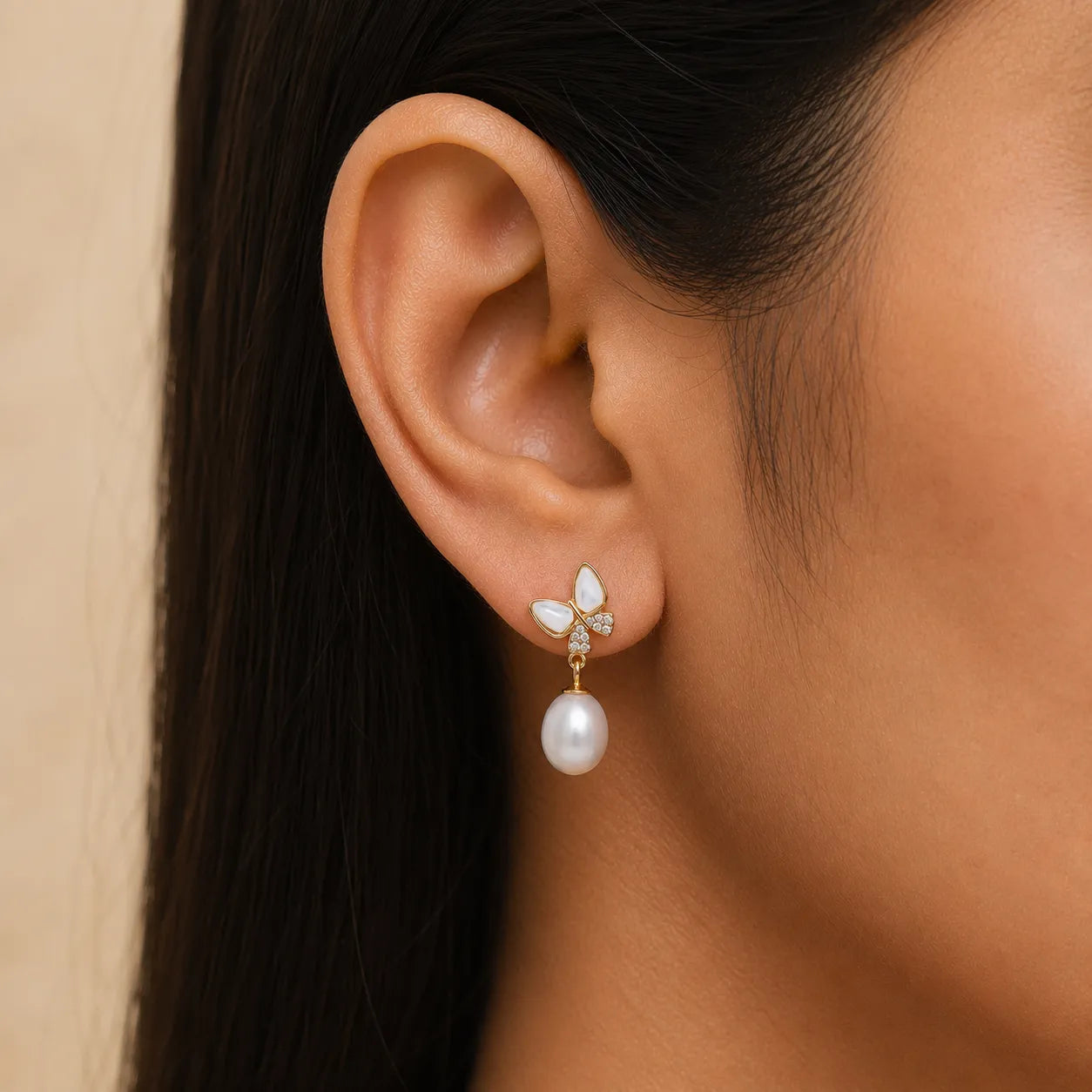 Freshwater Pearl Butterfly Gold Drop Earrings