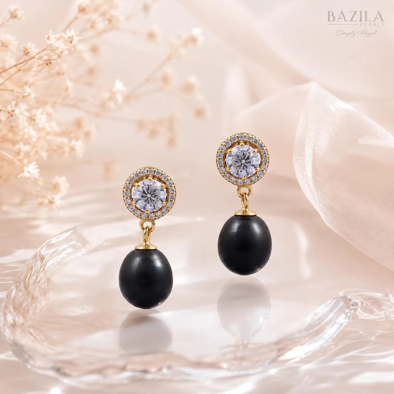 Black Freshwater Pearl Halo Drop Earrings