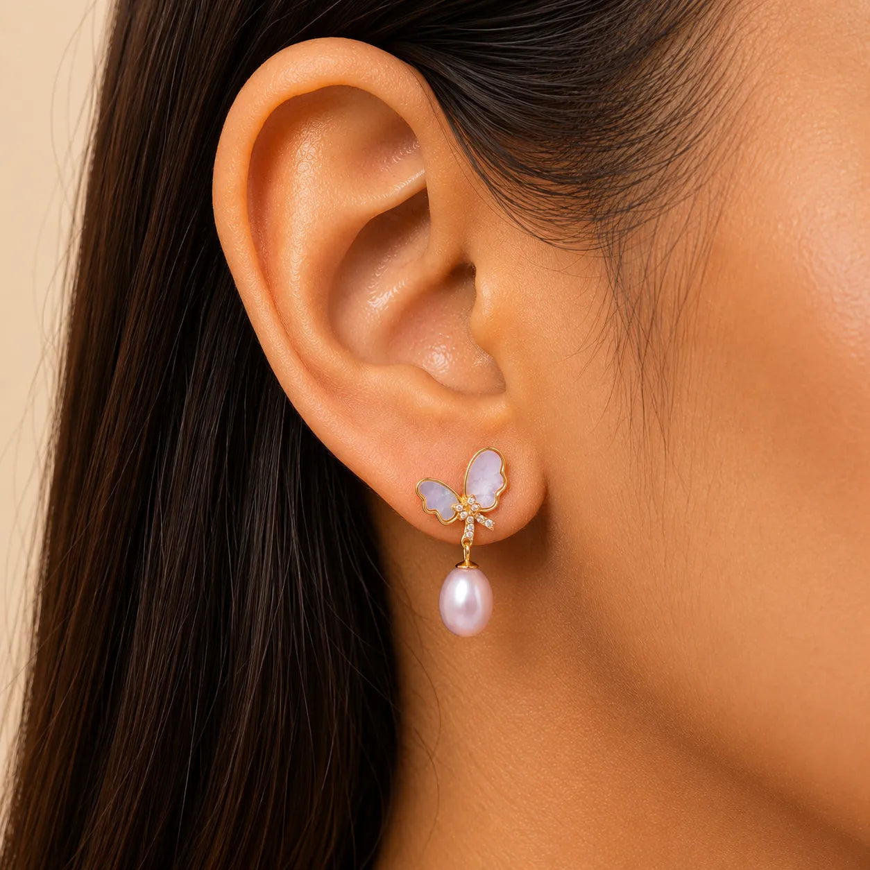 Pink Freshwater Pearl Butterfly Drop Earrings